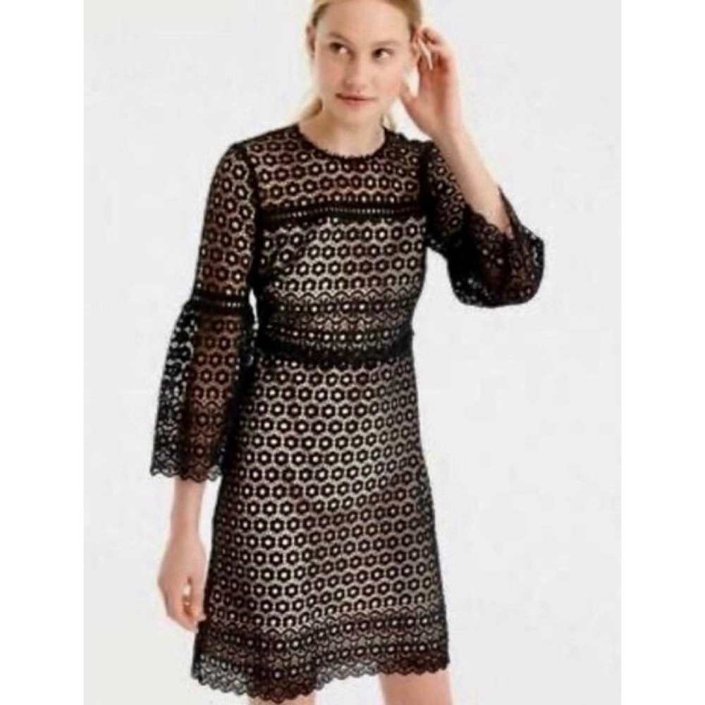 J. CREW Bell Sleeve Black Daisy Guipure Lace Cocktails Little Black Dress 2‎